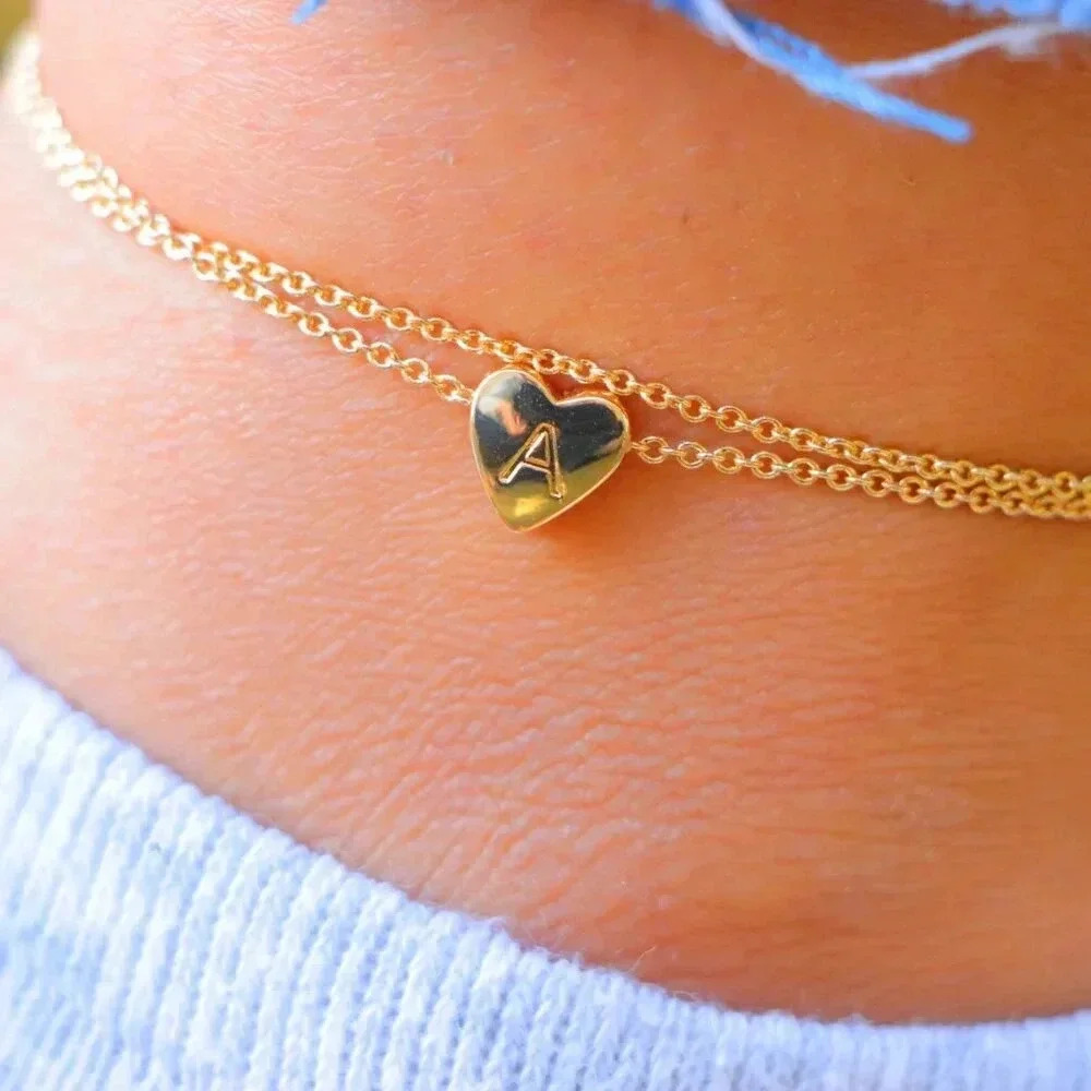 GOLD INITIAL ANKLET ❤️HEART CHARM PERSONALIZED DOUBLE LAYER DAINTY, ELDM22105A - Picture 10 of 13